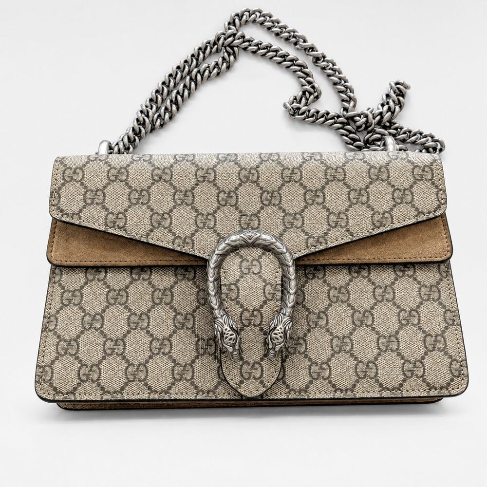 Gucci GG Dionysus Tiger Head  Canvas Shoulder Bag Womens Beige Logo Metal Chain